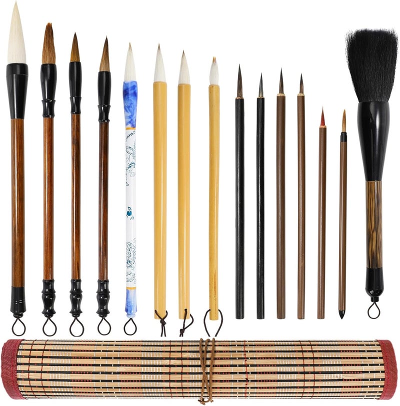 Eorbow 16 Pieces Chinese Calligraphy Brush Set, Sumi Brushes with Roll-up Bamboo Holder, Sturdy Japanese Watercolor Painting Writing Brushes, Kanji Art Drawing Brushes for Beginners - Image 1